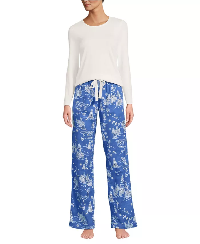 

Женский подарочный набор пижамы - трикотажная блузка с длинными рукавами и фланелевые брюки Lands' End, синий