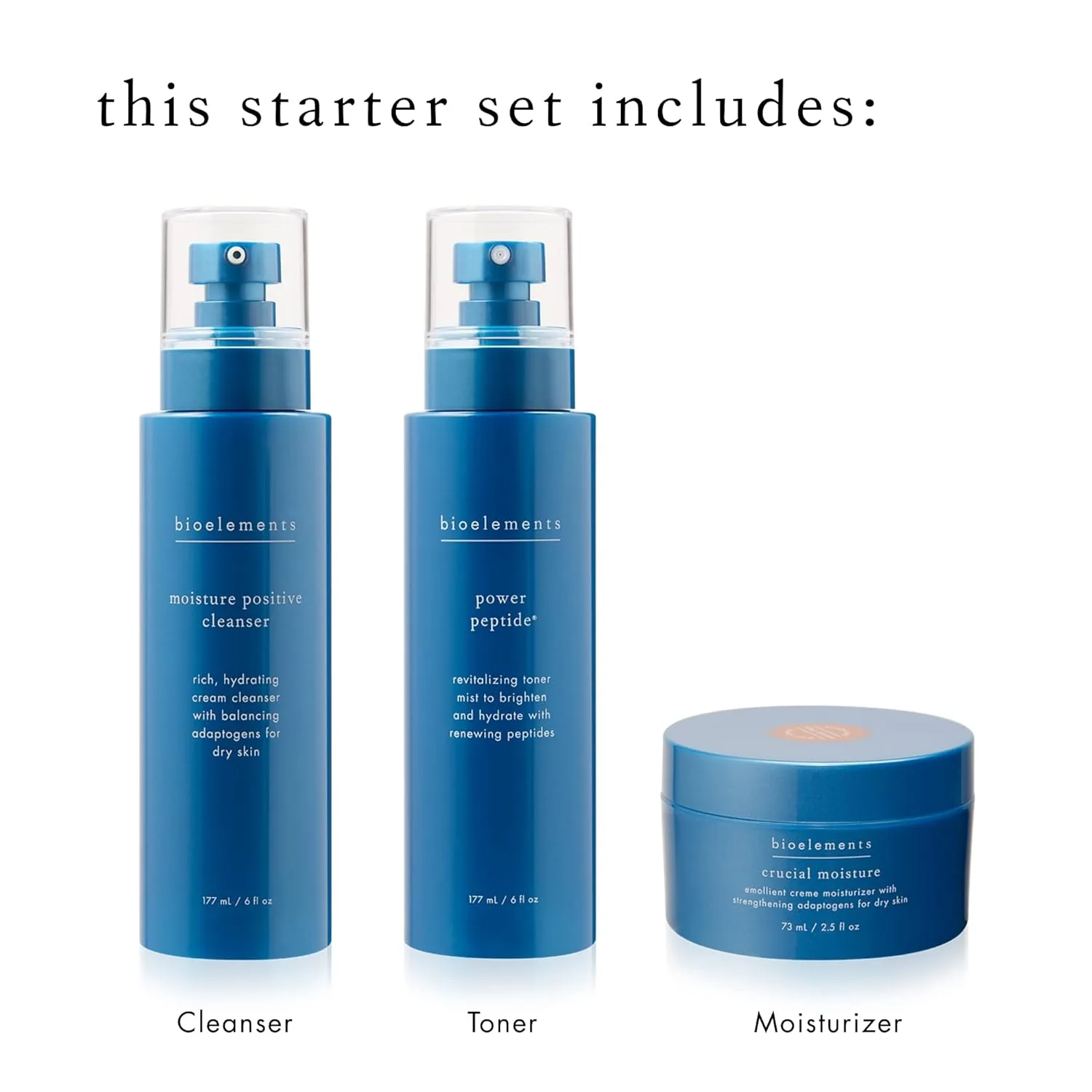 Bioelements 3-Step Starter Set для сухой кожи: очищающее средство Moisture Positive, тонер Power Peptide и увлажняющий крем Crucial Moisture - веганский, без глютена, не тестировалось на животных — фото 3