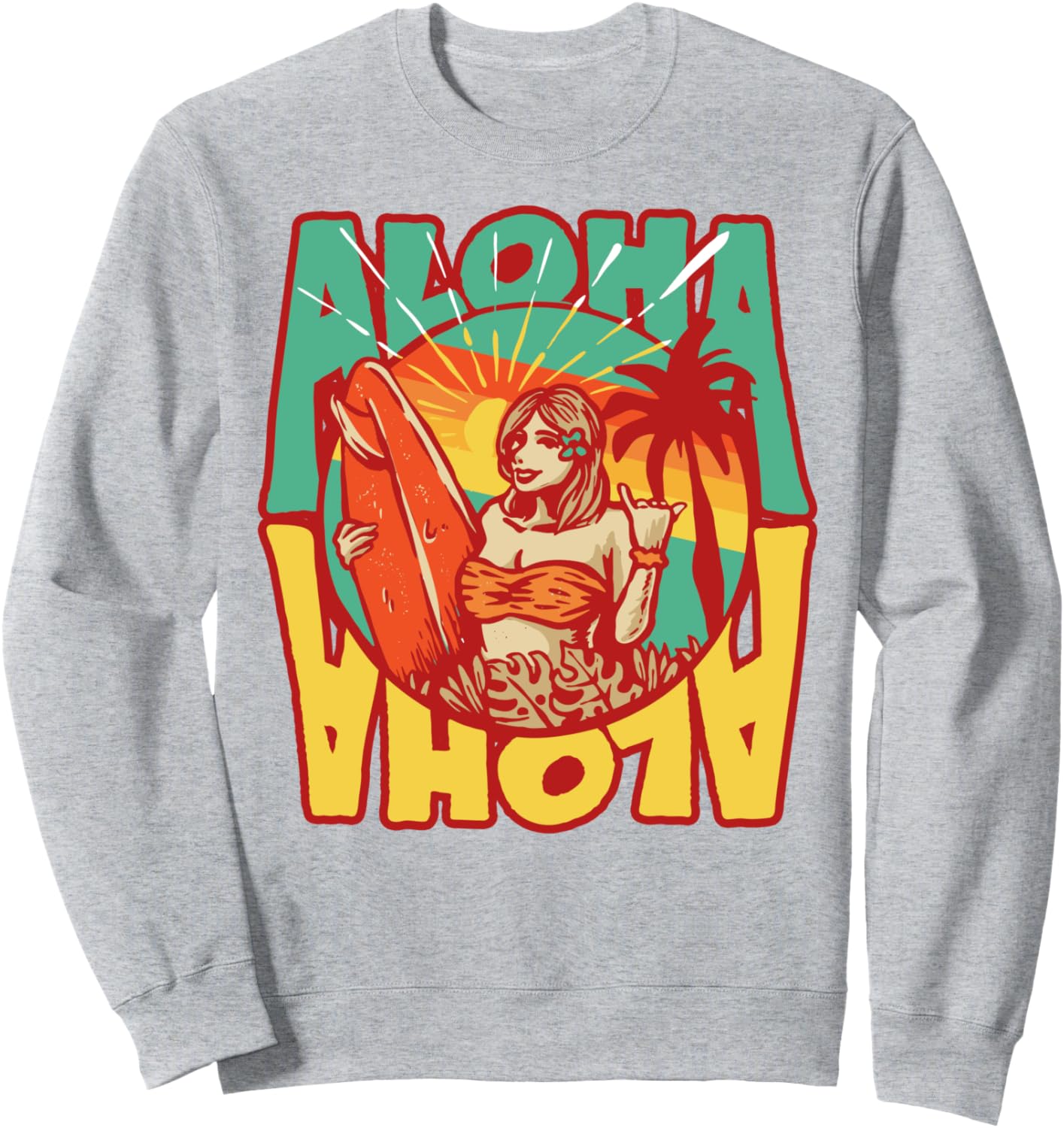 

Винтажная толстовка в стиле ретро с изображением девушки-серфингистки в гавайском стиле «шака» и надписью «Алоха» Nature Rush Outdoor Sports Threads, серый