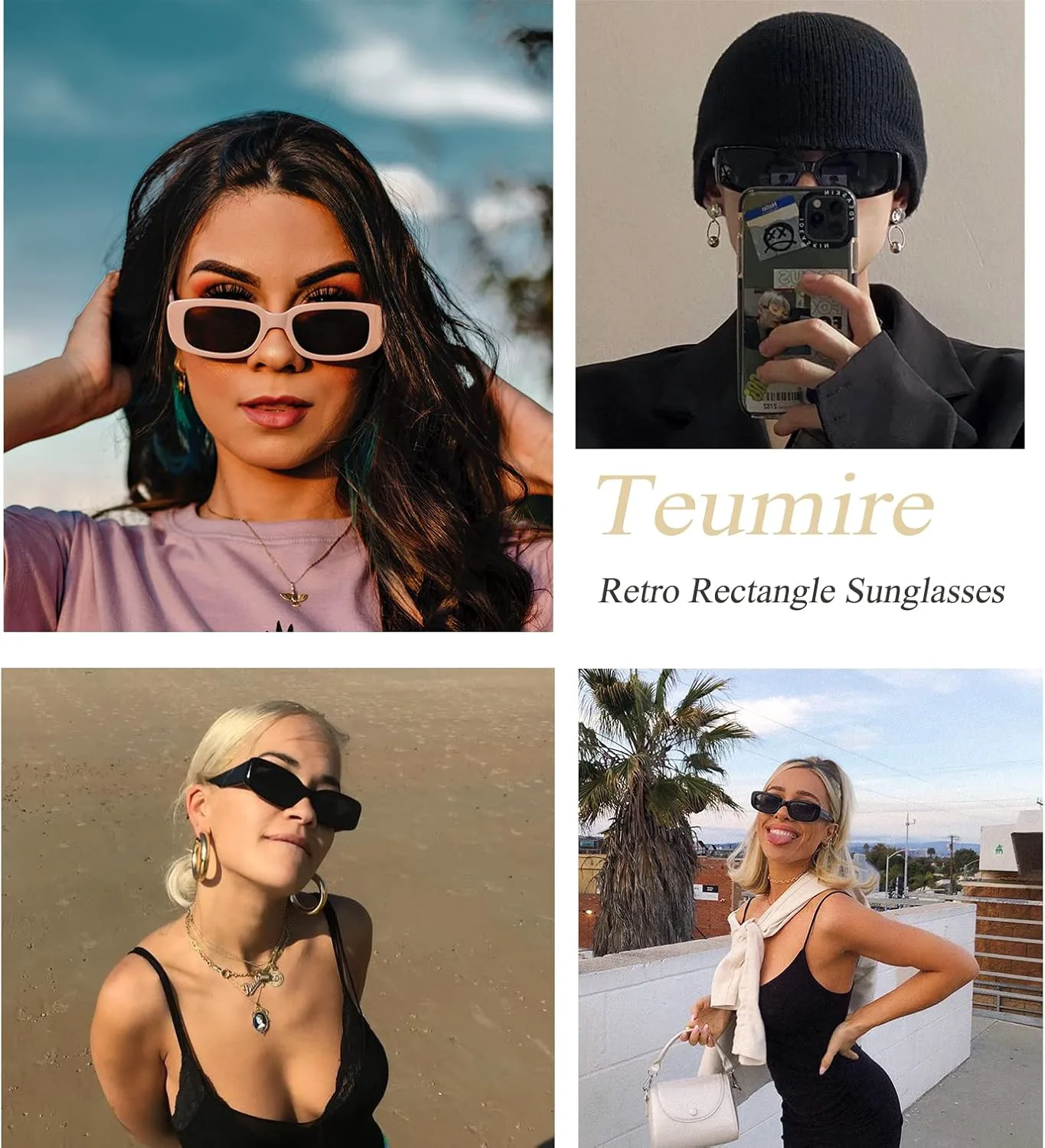 

Солнцезащитные очки в стиле ретро прямоугольной формы для женщин и мужчин, маленькая квадратная оправа, комплект из 2 штук Teumire, A4 Black/Black + White/Black