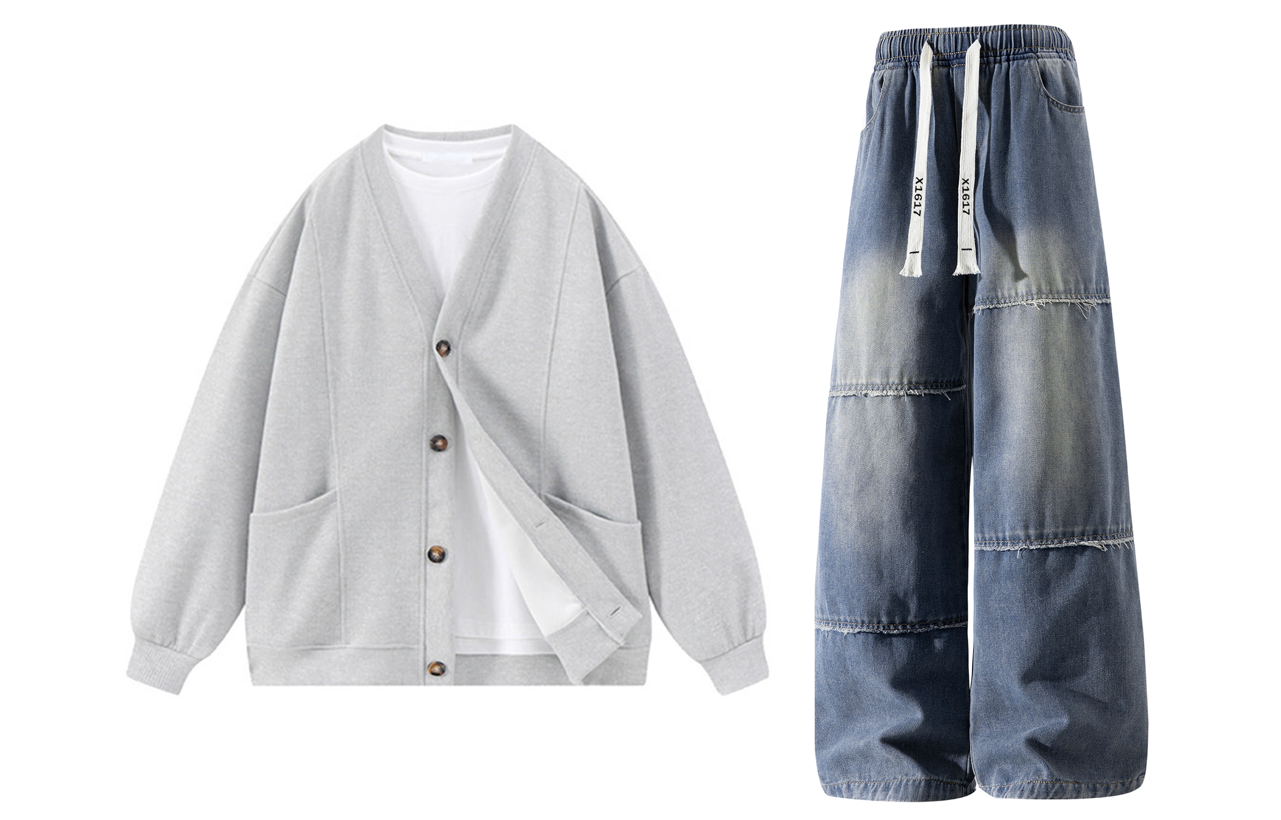 

Повседневная спортивная одежда Unisex V-образный вырез Moderate X1617, серый top+синий pants