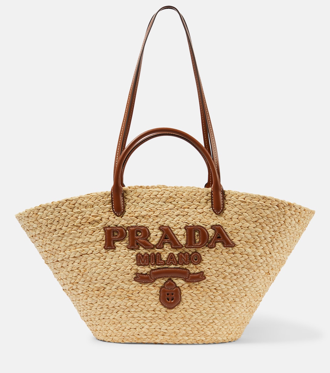 

Сумка-корзина из рафии с кожаными вставками и логотипом Prada, Naturale+Cognac