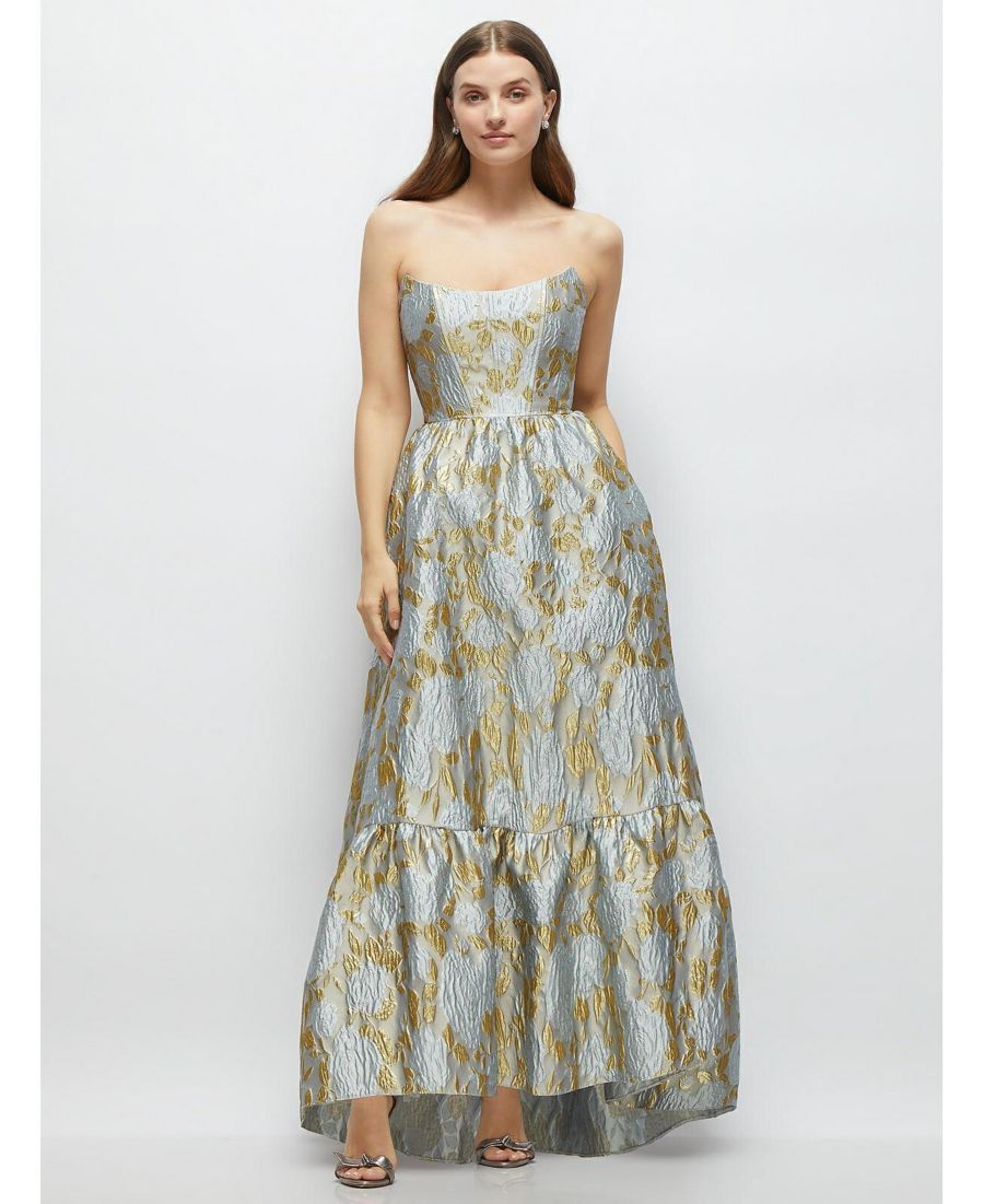 

Женское платье без бретелей, в форме кошачий глаз, с косточками на лифе, из парчи с асимметричным подолом Dessy Collection, Winter mist