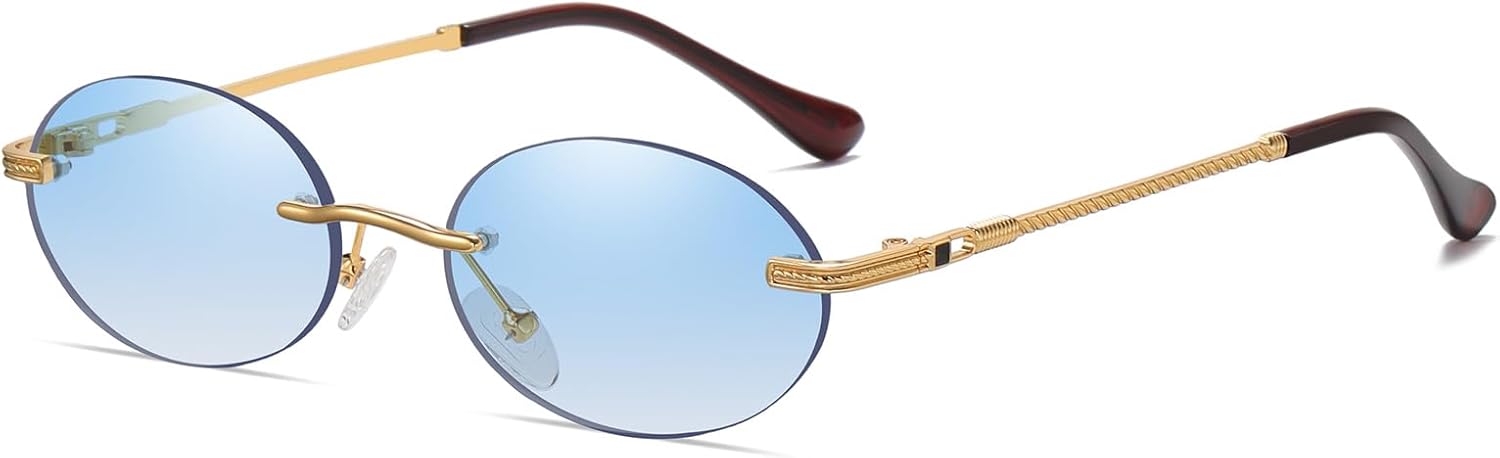 

Солнцезащитные очки YAMEIZE Retro Small Oval Metal Sunglasses - винтажные круглые очки без оправы, маленькие, для вождения и активного отдыха, для женщин и мужчин, Gold Blue