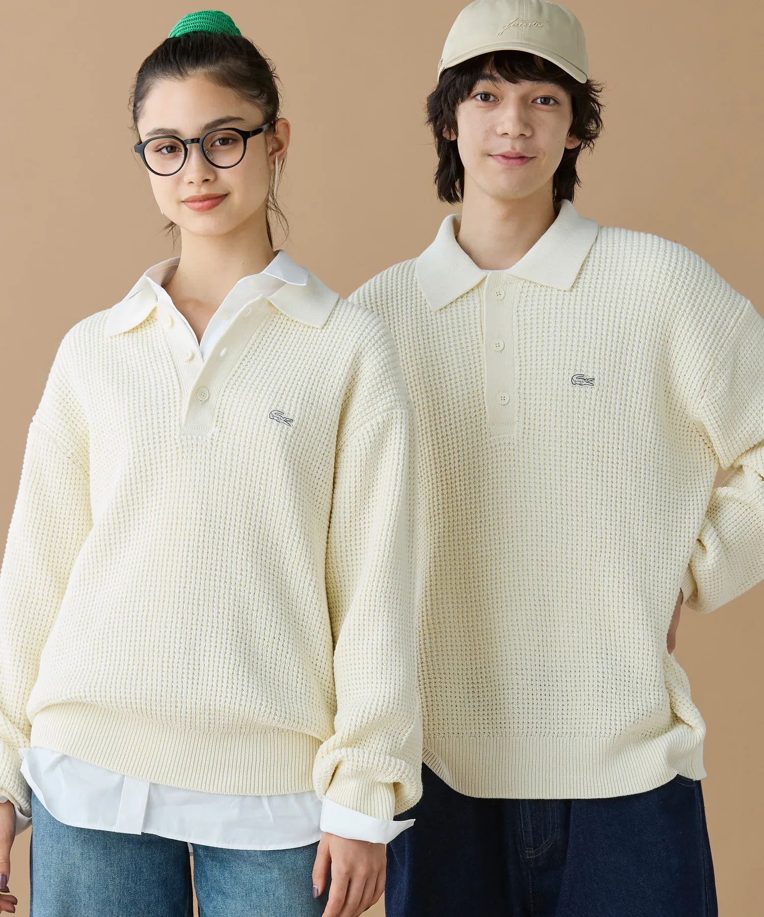Свитер поло вафельный Knitwear, однотонный, бежевый — фото 2