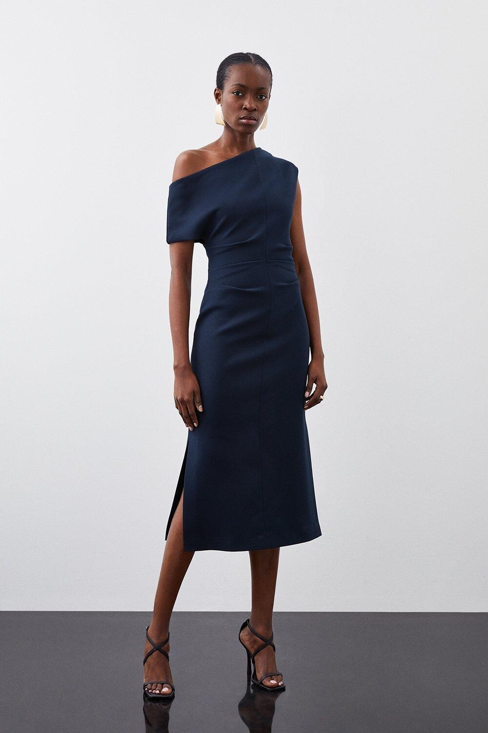 

Компактное эластичное платье миди с заниженными плечами Karen Millen, синий