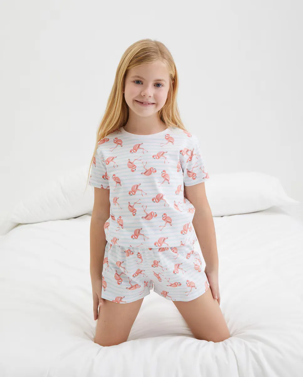 

Девичья короткая пижама с фламинго Cotton Juice, синий