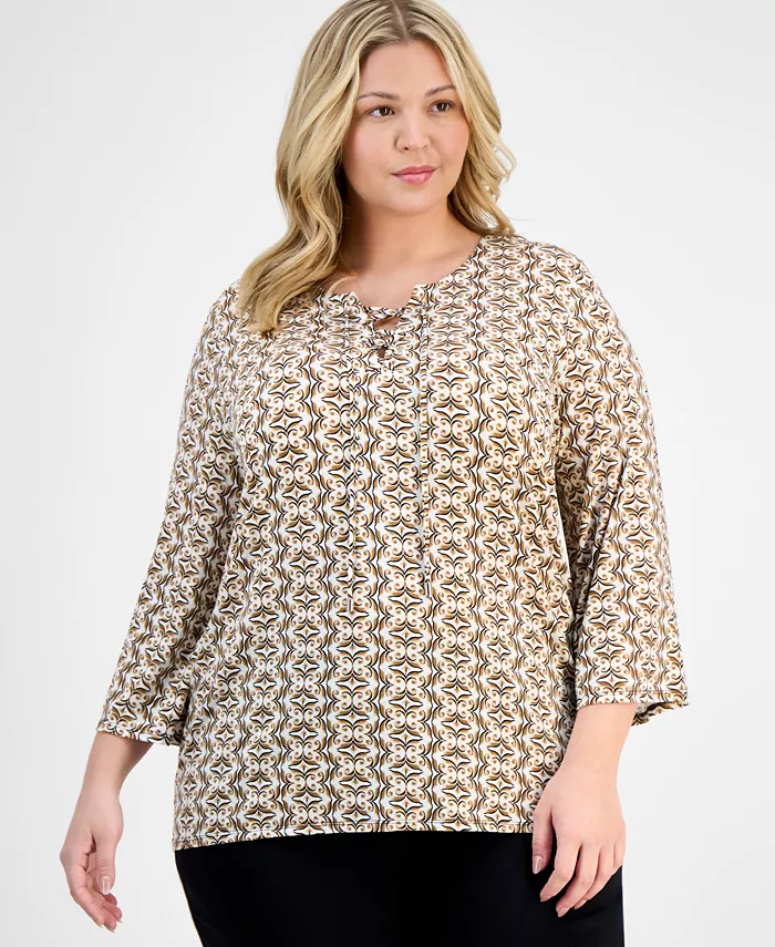 

Топ с принтом и шнуровкой на горловине Plus Size JM Collection, коричневый
