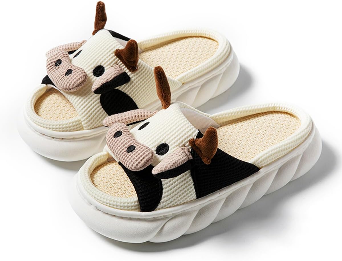 

Тапочки V OPXIN Cow для женщин и мужчин, милые тапочки с мультяшными животными, пушистые/льняные кавайные домашние тапочки, зимние/летние тапочки Cow для дома и улицы, Cow (Summer)