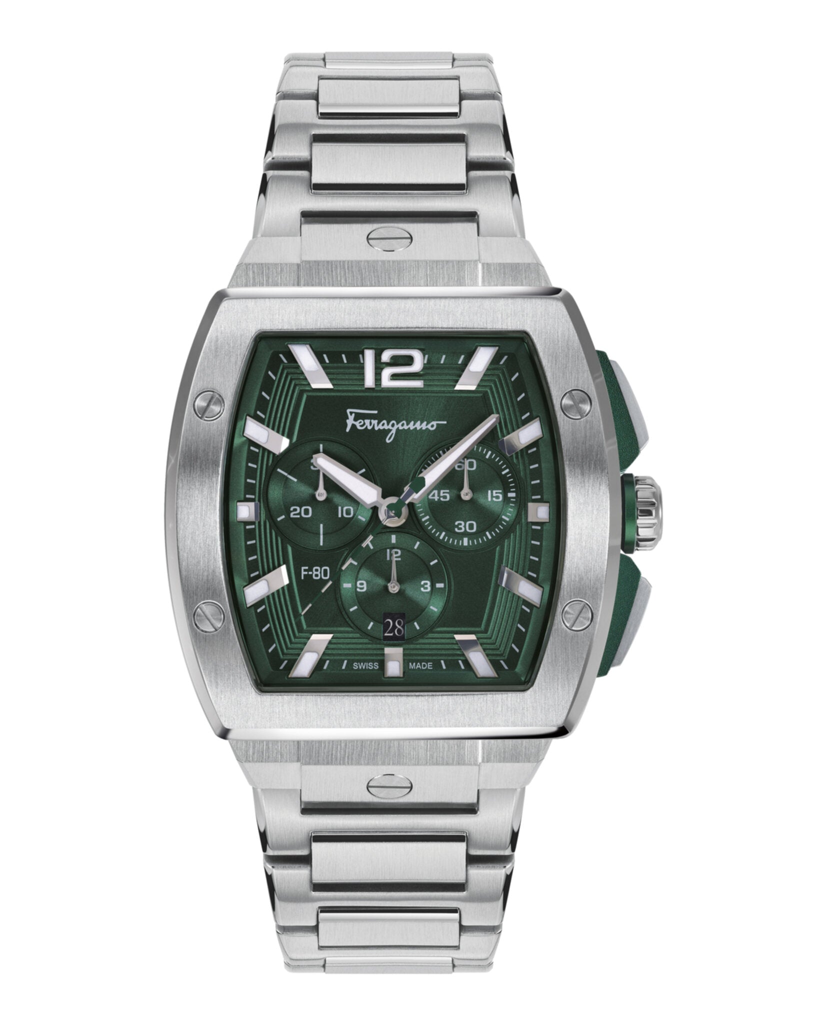 

Часы F-80 Tonneau Chrono Salvatore Ferragamo, цвет silver/stainless steel/green