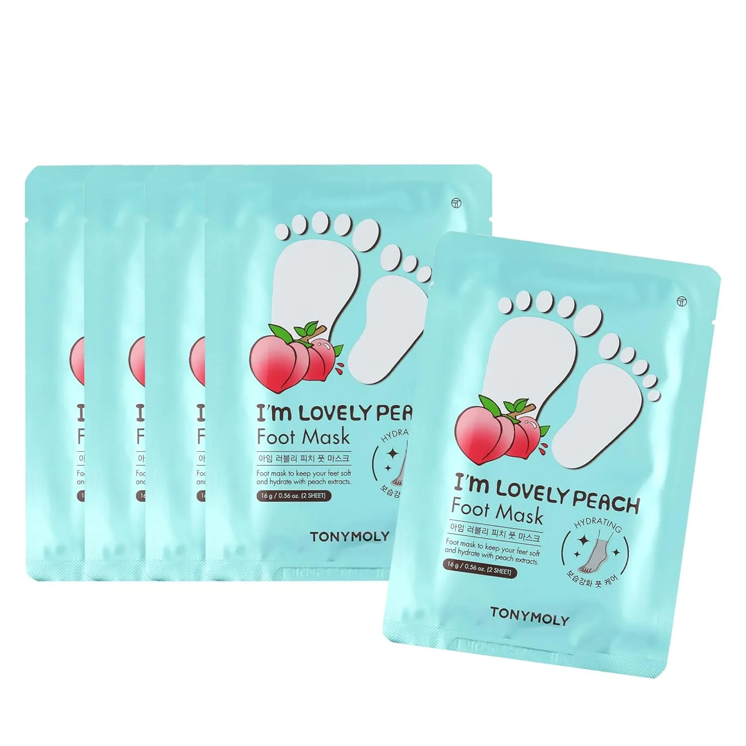 TONYMOLY I'm Lovely Персиковая маска для ног - набор из 5 увлажняющих и успокаивающих корейских масок для ног с экстрактами персика и жимолости для мягких и обновленных стоп 1 шт. (5 шт.)