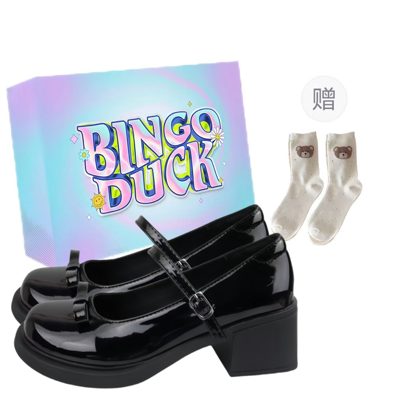 Туфли Мэри Джейн на блочном каблуке женские BINGO DUCK, Black+Exclusive Shoe Box+Gift Socks