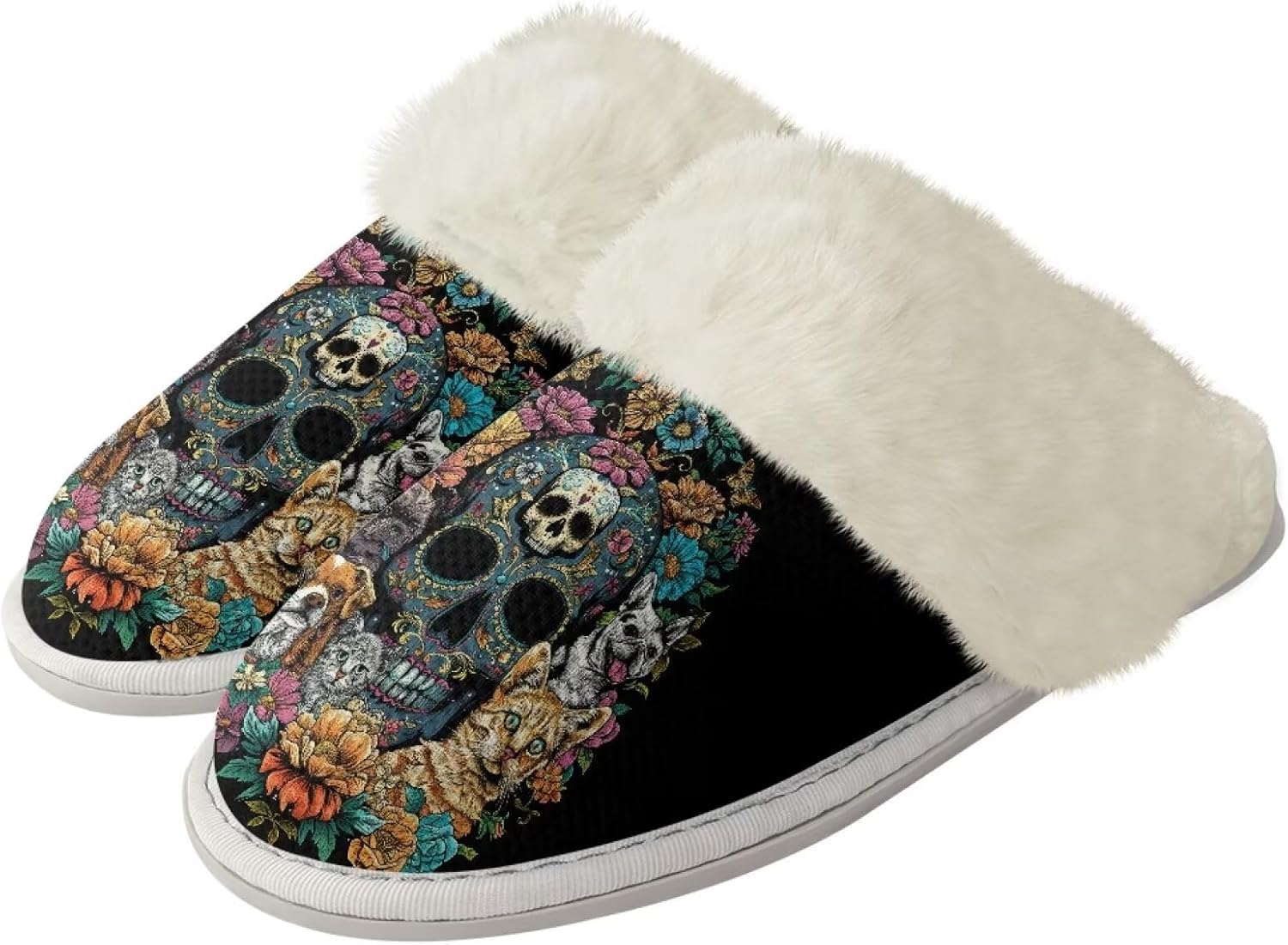 

Женские пушистые тапочки, мужские тапочки-слипоны для зимы, домашние туфли, удобные мягкие тапочки из махровой ткани, с нескользящей резиновой подошвой для ванной и дома Watdotory, Skull Flower Cat Dogs