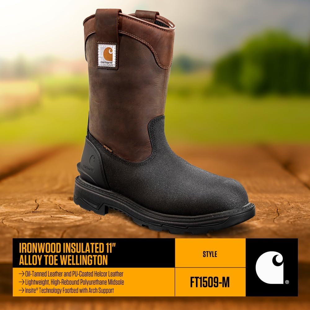 Carhartt Ironwood водонепроницаемые рабочие ботинки для мужчин - 11-дюймовые веллингтоны из масляной кожи с противоскользящей подошвой и защитой от электростатического разряда, Brown Oiltan/Black Coated — фото 4