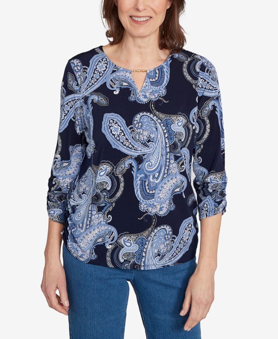 

Классический женский топ с объемным принтом пейсли и золотистой фольгой Alfred Dunner, Navy