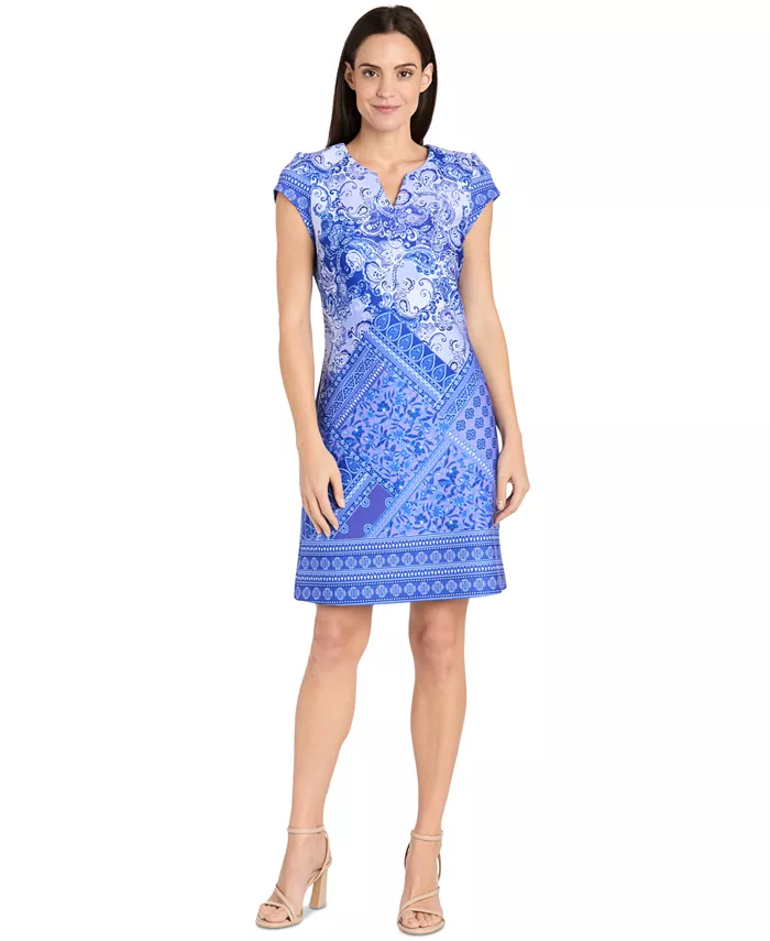 

Мини-платье с принтом и разрезом на горловине, с короткими рукавами Petite Printed Split-Neck Cap-Sleeve Dress R & M Richards, синий
