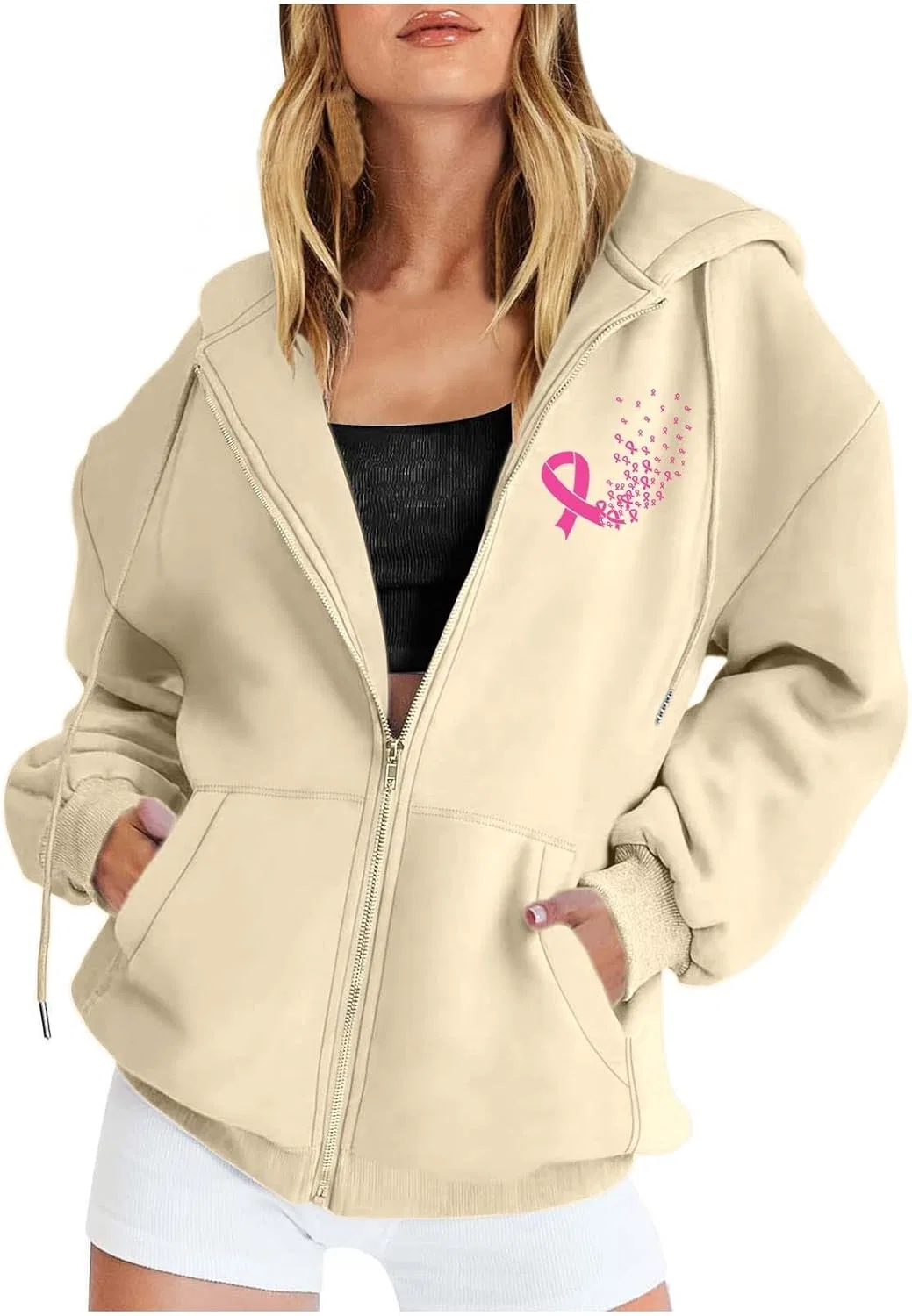 Женская худи с карманом, Pink Ribbon, осведомленность о раке груди, Beige — фото 2