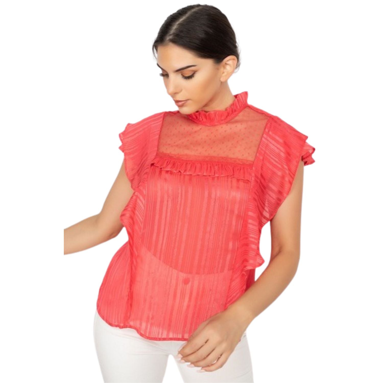 

Топ с короткими рукавами и оборками FASHNZFAB, цвет coral