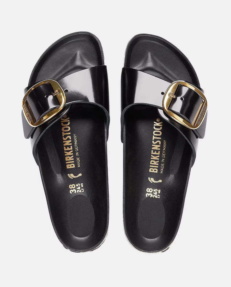 Женские кожаные сандалии на плоской подошве с большой пряжкой Madrid Birkenstock, черный — фото 3