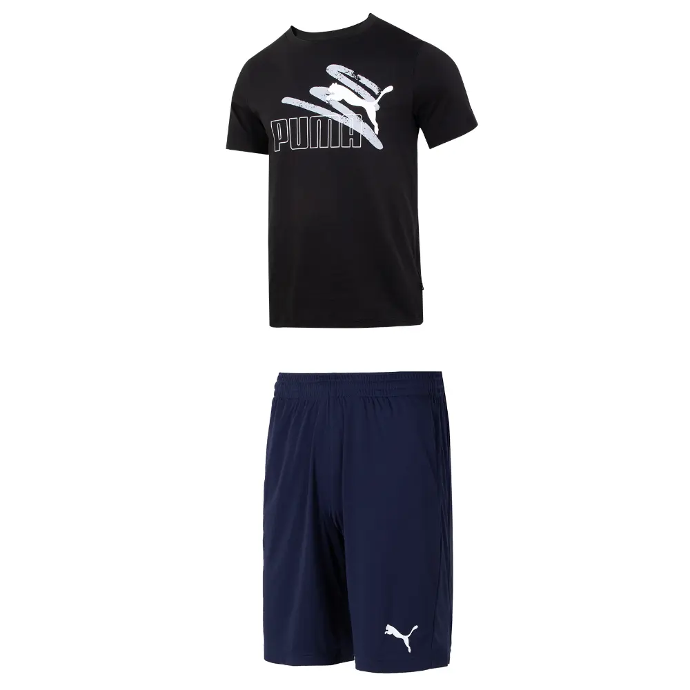 

Повседневный спортивный мужской костюм черная рубашка + синие шорты Puma, черный