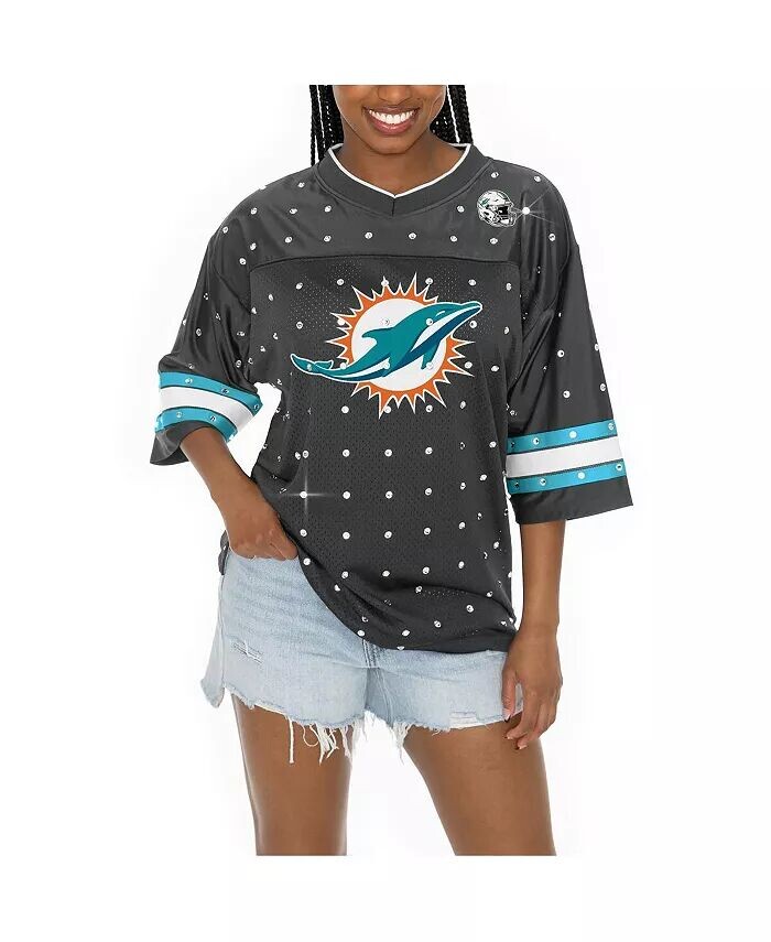 

Женская футболка Miami Dolphins Kickoff Time, антрацитовая, со стразами, в спортивную полоску, с V-образным вырезом Gameday Couture