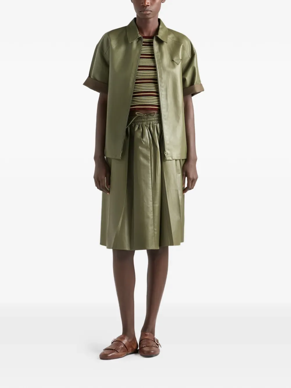 Хлопковый свитер в полоску с короткими рукавами Prada, зеленый — фото 2