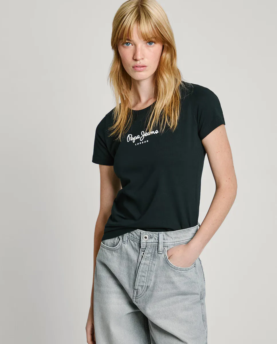 

Женская облегающая футболка с напечатанным логотипом Pepe Jeans, чёрный