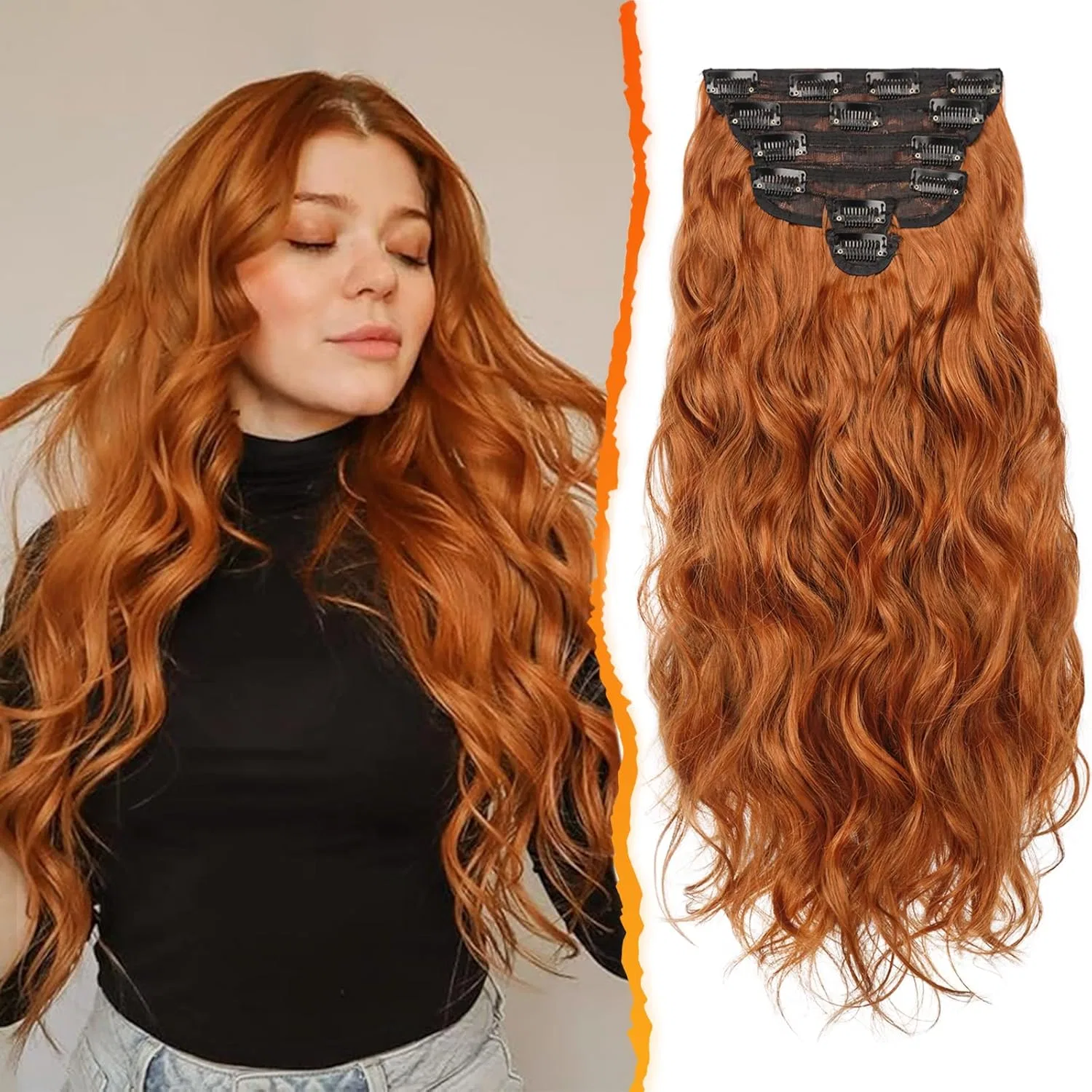 Накладные волосы BARSDAR на заколках, 50 см, волнистые, медные (6 шт.) Barsdar, Ginger Copper