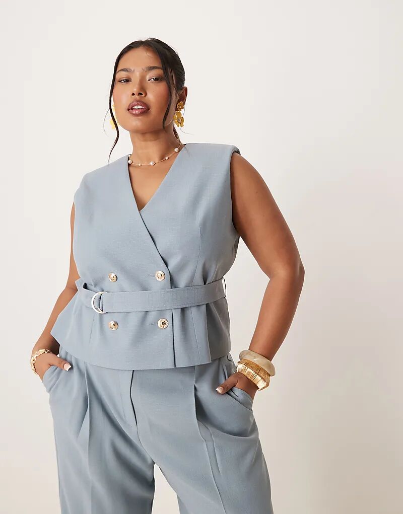 

Жилет-комбинезон с завязками и льняным принтом ASOS DESIGN Curve синего цвета