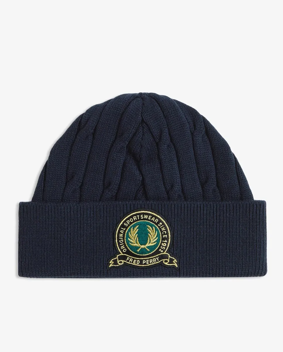 

Мужская вязаная шапка с плетеным узором из хлопка Fred Perry, темно-синий