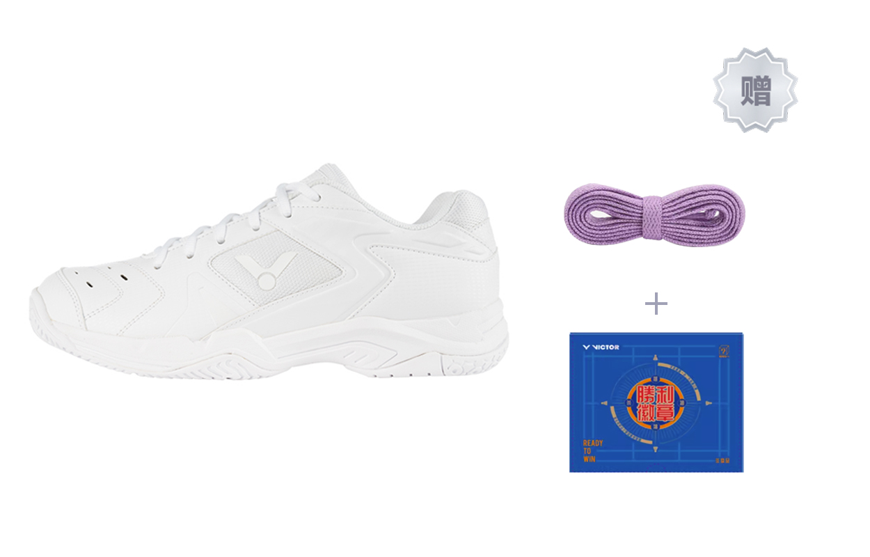 

Обувь для бадминтона унисекс с низким верхом Victor, цвет Pure white with purple shoelaces + badge.