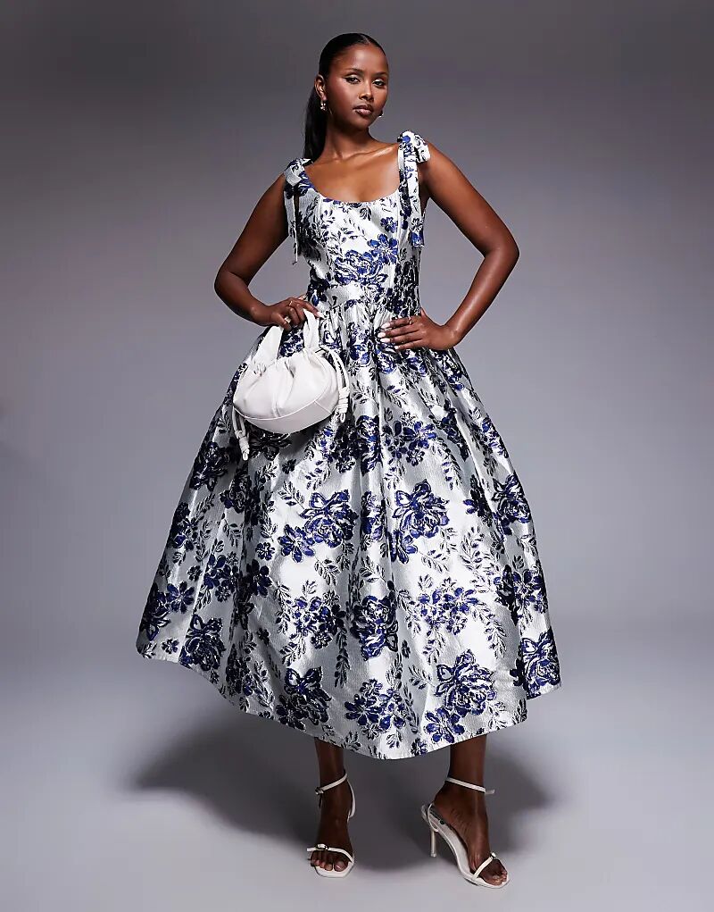 

Платье миди ASOS LUXE из жаккарда с пышной юбкой и синим цветочным принтом