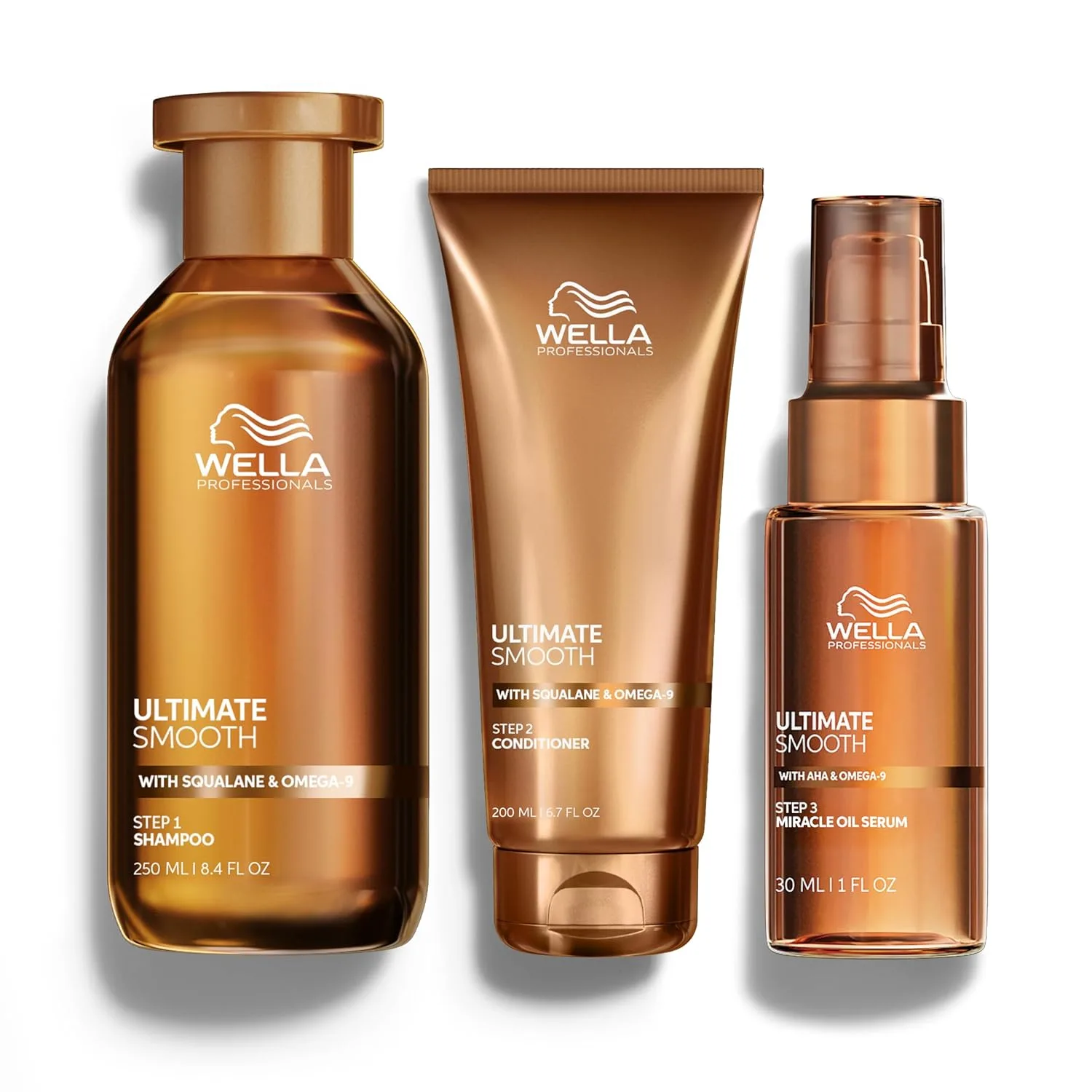 Wella Professionals ULTIMATE SMOOTH шампунь, кондиционер и сыворотка-масло для волос Miracle Hair Oil, набор 3 шт, для сухих, тусклых и непослушных волос, питает, разглаживает и придает шелковистый блеск, термозащита 476 мл (1 шт.)