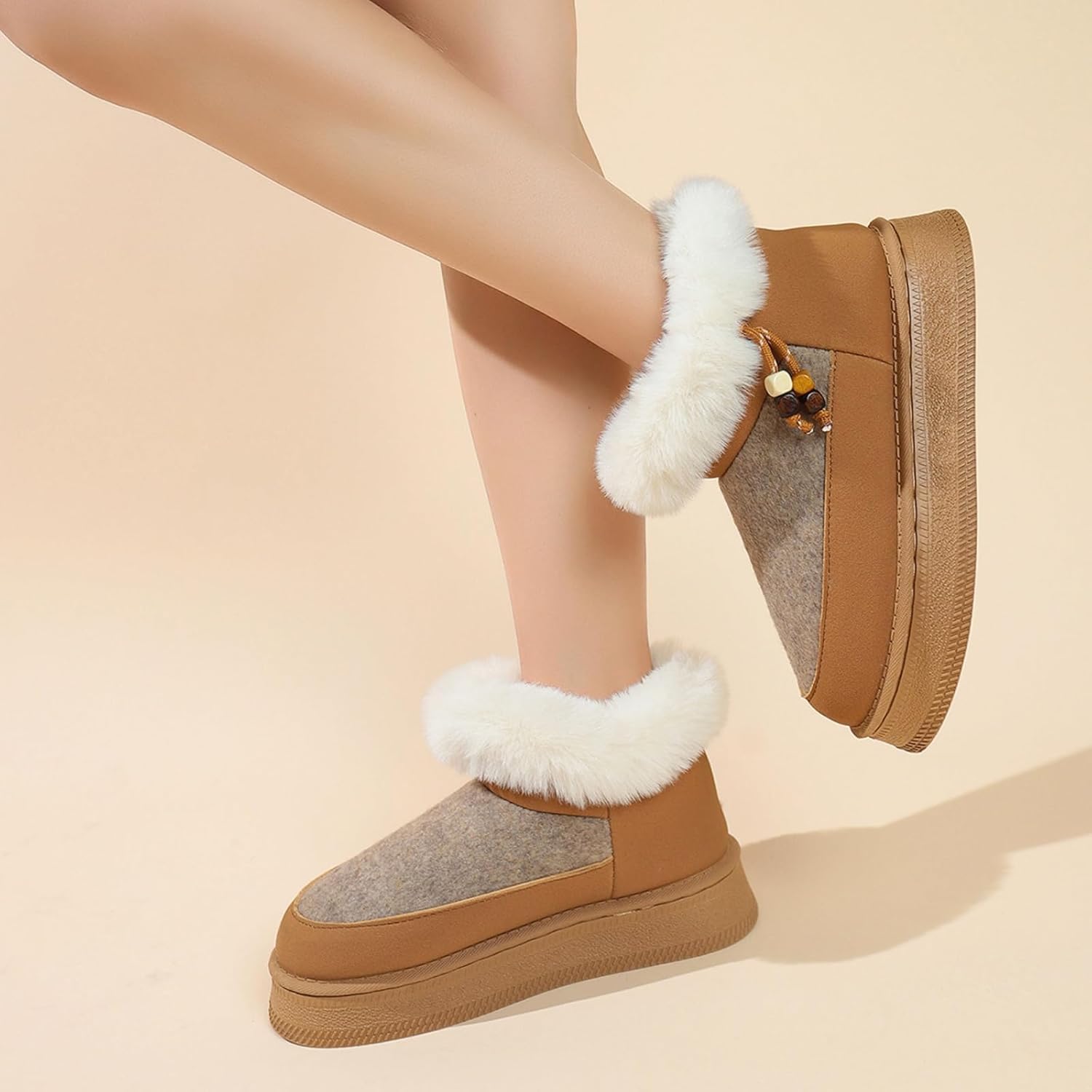 Женские зимние ботинки с утеплителем, меховая подкладка, низкие ботильоны, противоскользящие, модная платформа, пушистые мини-босоножки, милые зимние ботинки, устойчивые, легкие, уютные для дома и улицы Toumov, коричневый — фото 3