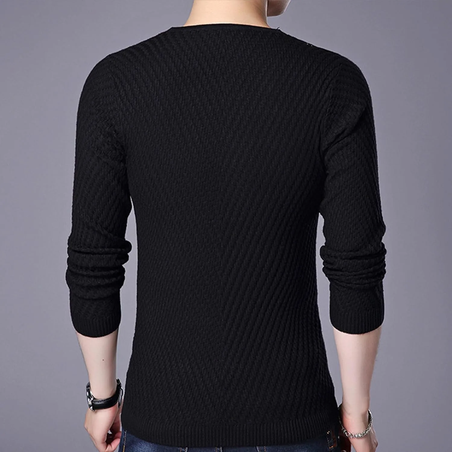 Мужской свитер с V-образным вырезом и рельефным узором, длинный рукав, slim fit — фото 3
