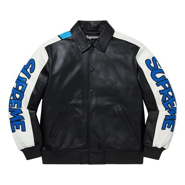 

Куртка smurfs leather varsity jacket 'black blue white' Supreme, черный