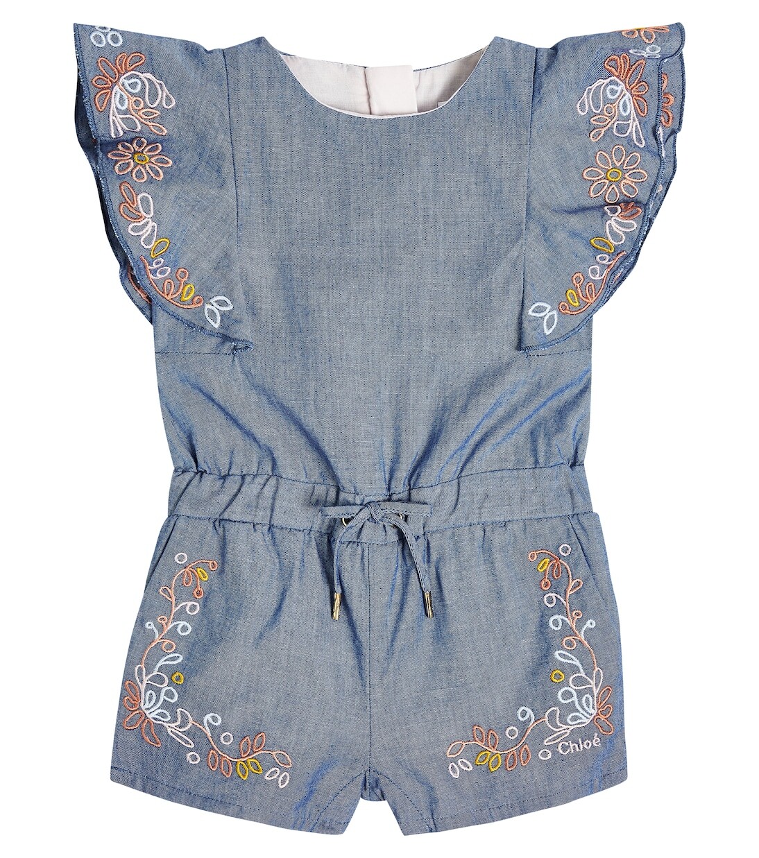 

Детский комбинезон из хлопкового шамбре с вышивкой Chloé Kids, синий