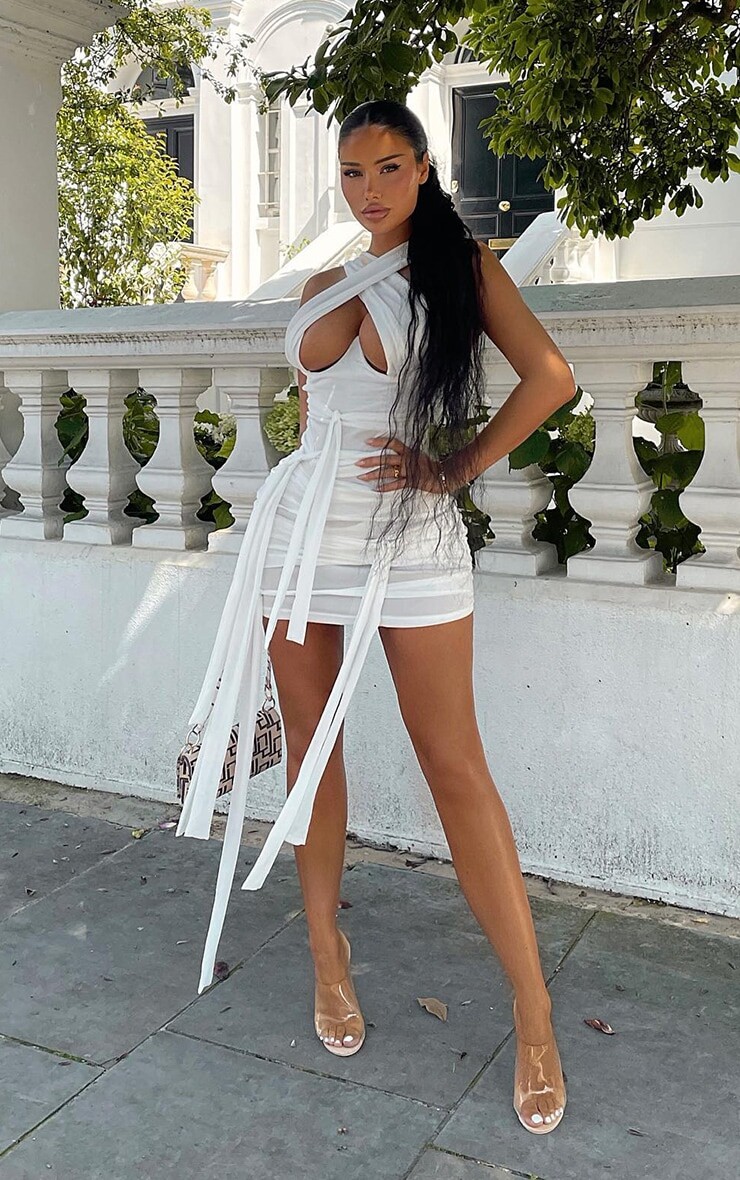 

PrettyLittleThing Белое облегающее платье из сетчатой ​​ткани с запахом и завязками, Белый, PrettyLittleThing Белое облегающее платье из сетчатой ​​ткани с запахом и завязками