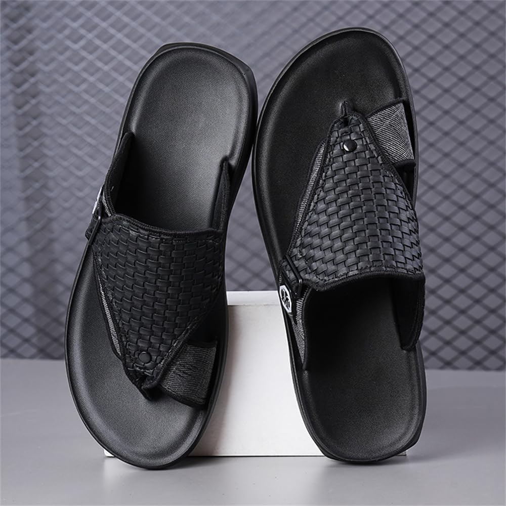 Мужские сланцы с открытым носком, кожаные шлепанцы, удобные повседневные тапочки, летние сандалии-слипоны для мужчин Abborora, черный — фото 4
