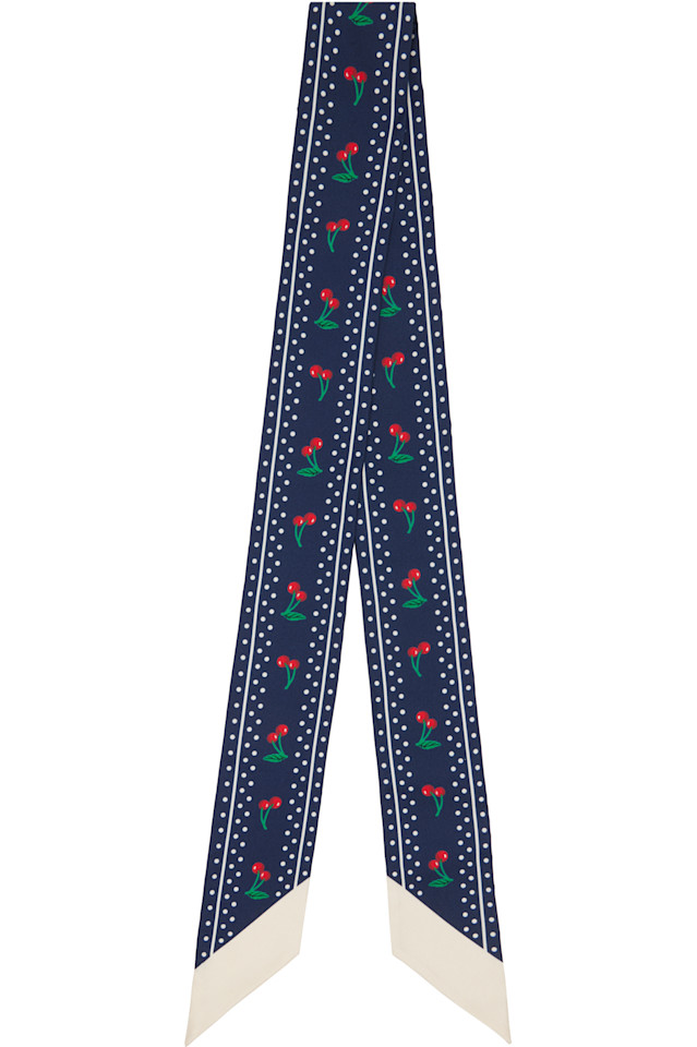 

Valentino Garavani Темно-Синий шелковый шарф с вишневым узором