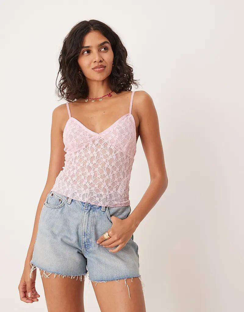 

Топ на бретелях с кружевом и салатовым подолом ASOS DESIGN розового цвета
