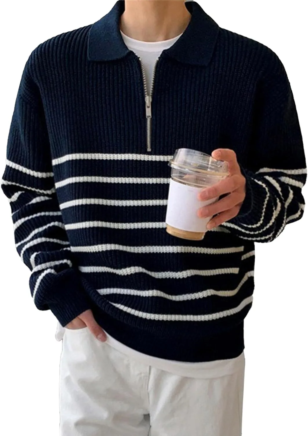 Мужской свитер с шалью в полоску ретро полу-зип