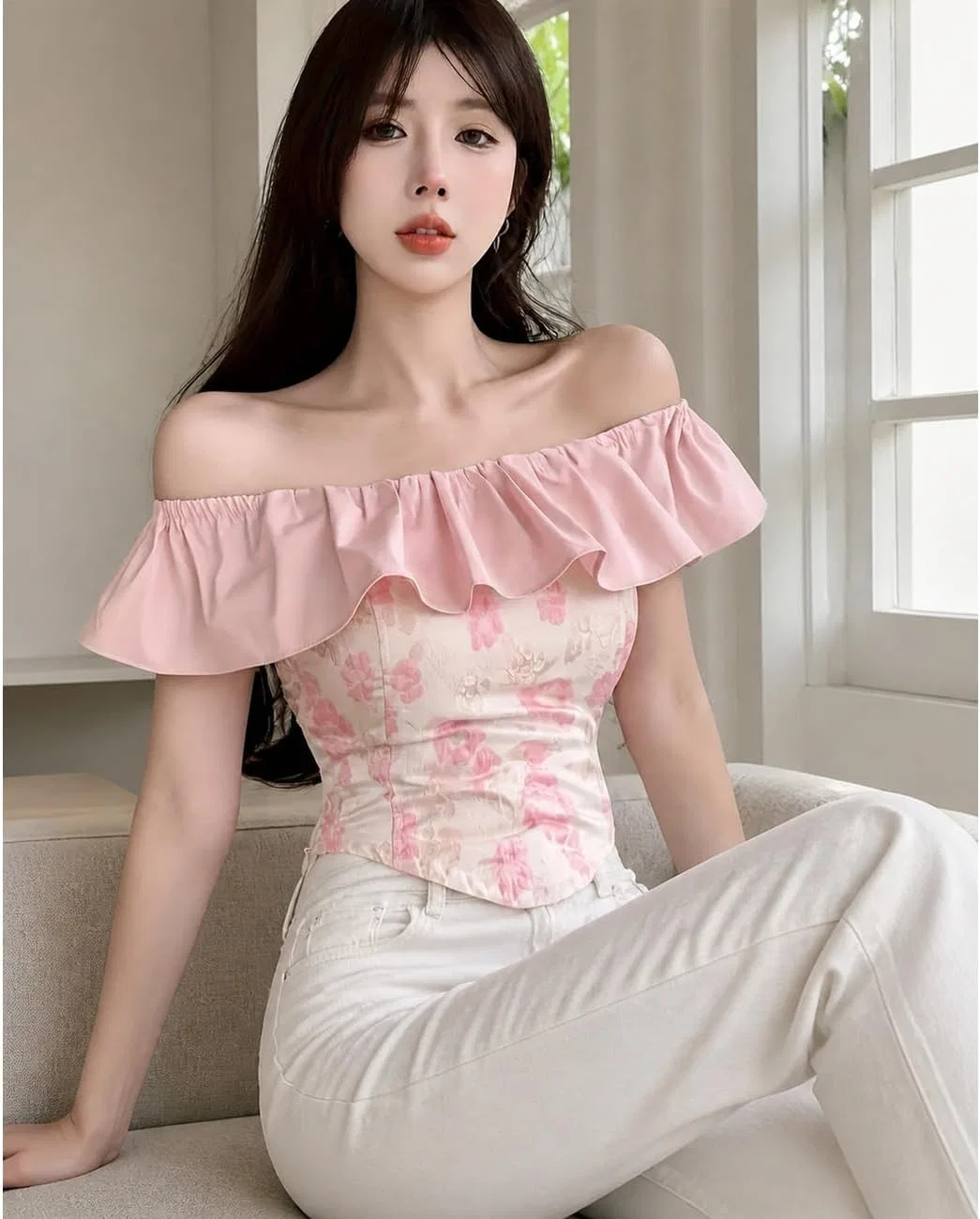 Блуза с цветочным принтом, off-shoulder, розовый — фото 4