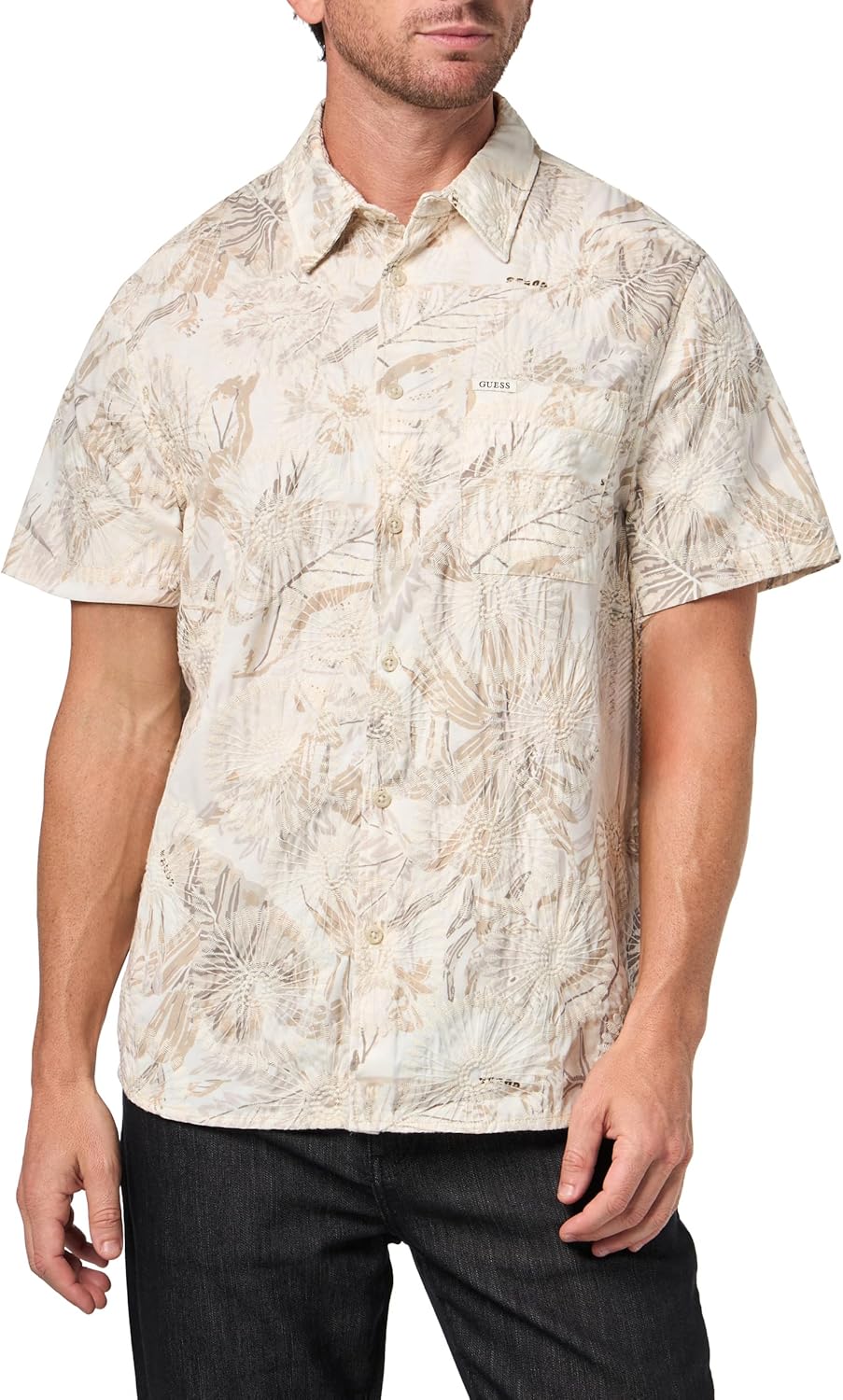 

Мужская рубашка GUESS с коротким рукавом и вышивкой, Quicksand Tropical Colorful