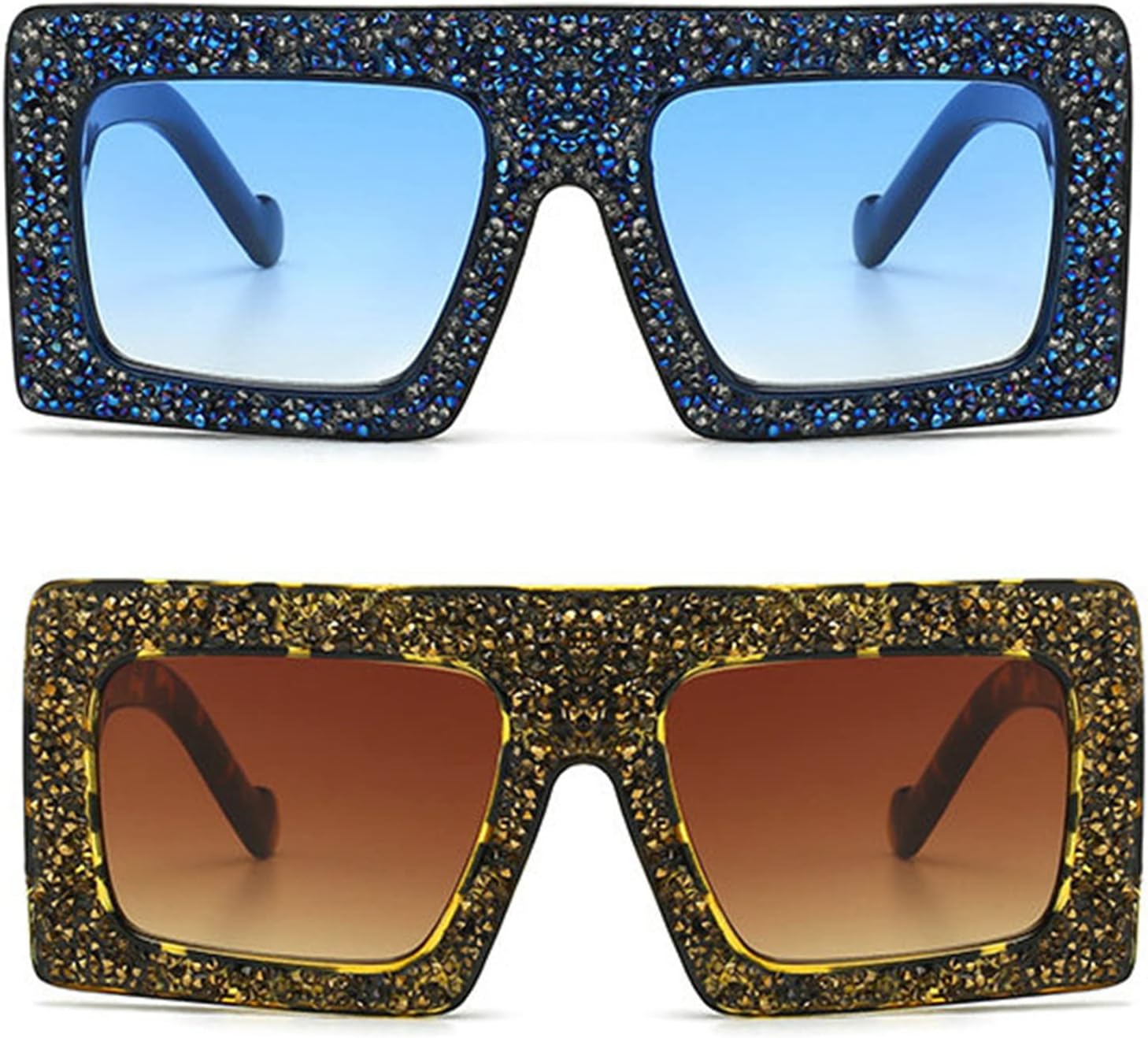 

willochra Модные блестящие цельные солнцезащитные очки с крупными стразами для женщин, роскошные солнцезащитные очки с бриллиантами, защищающие от УФ-излучения, 2pcs-leopard&blue