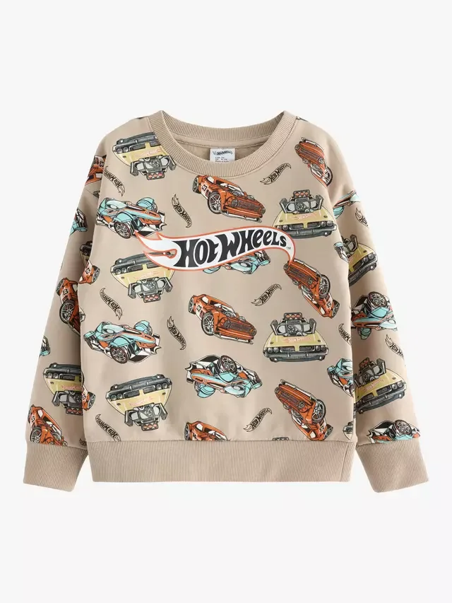 Детская хлопковая толстовка свободного кроя с рисунком Hot Wheels, пыльно-бежевый цвет Lindex — фото 4