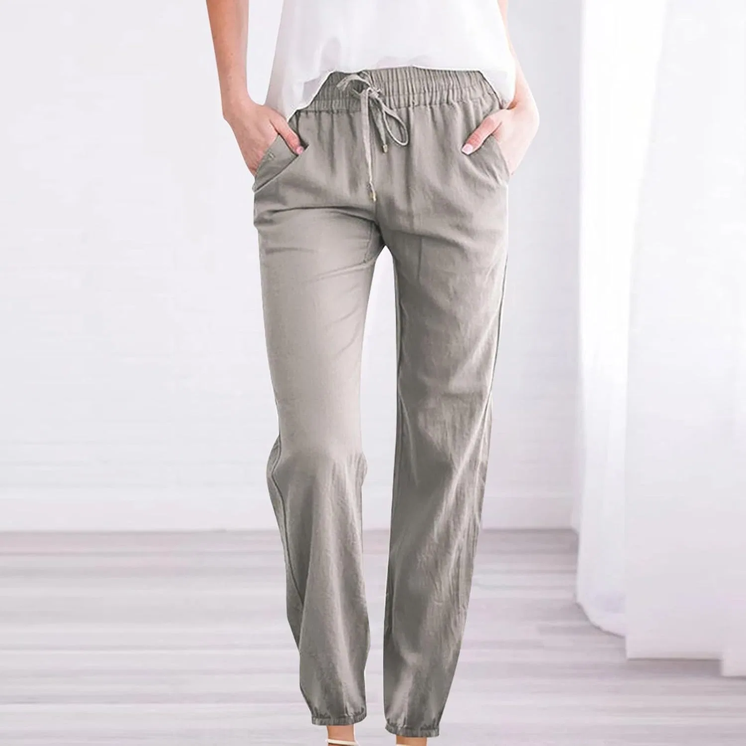 Широкие брюки с высокой талией, Cotton Linen, женские, серые — фото 2