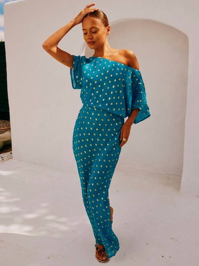 

Макси-платье с металлическим блеском Never Fully Dressed, Blue/Gold