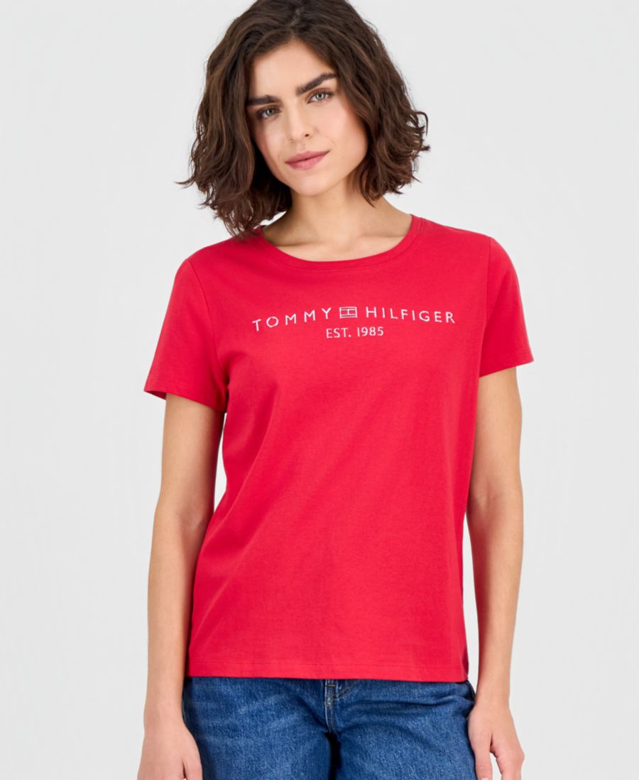 

Женская хлопковая футболка с круглым вырезом и логотипом Tommy Hilfiger, Scarlet