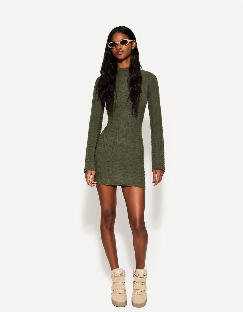

Ажурное мини-платье с высоким воротом Bershka, хаки